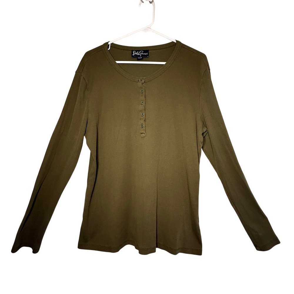 Lesley Evers Cora Henley Tee 2X Dark Olive Green Ribbed Long Sleeve Cotton